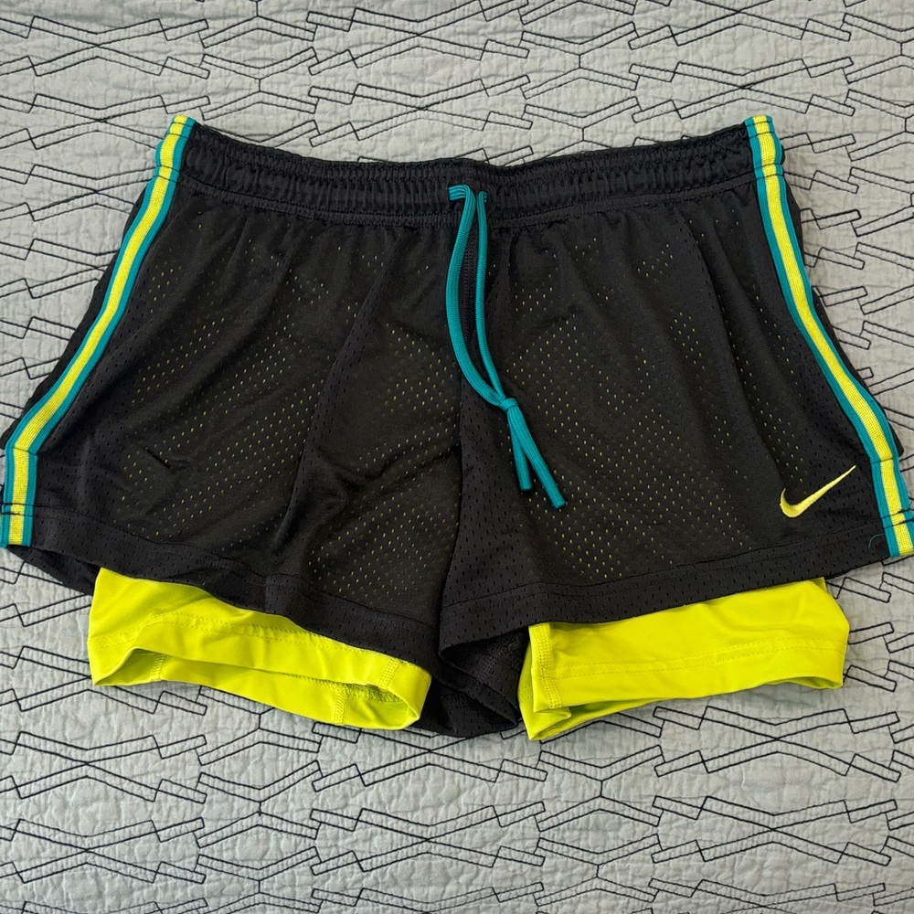 Nike Women's Black Shorts with Yellow and Teal Accents